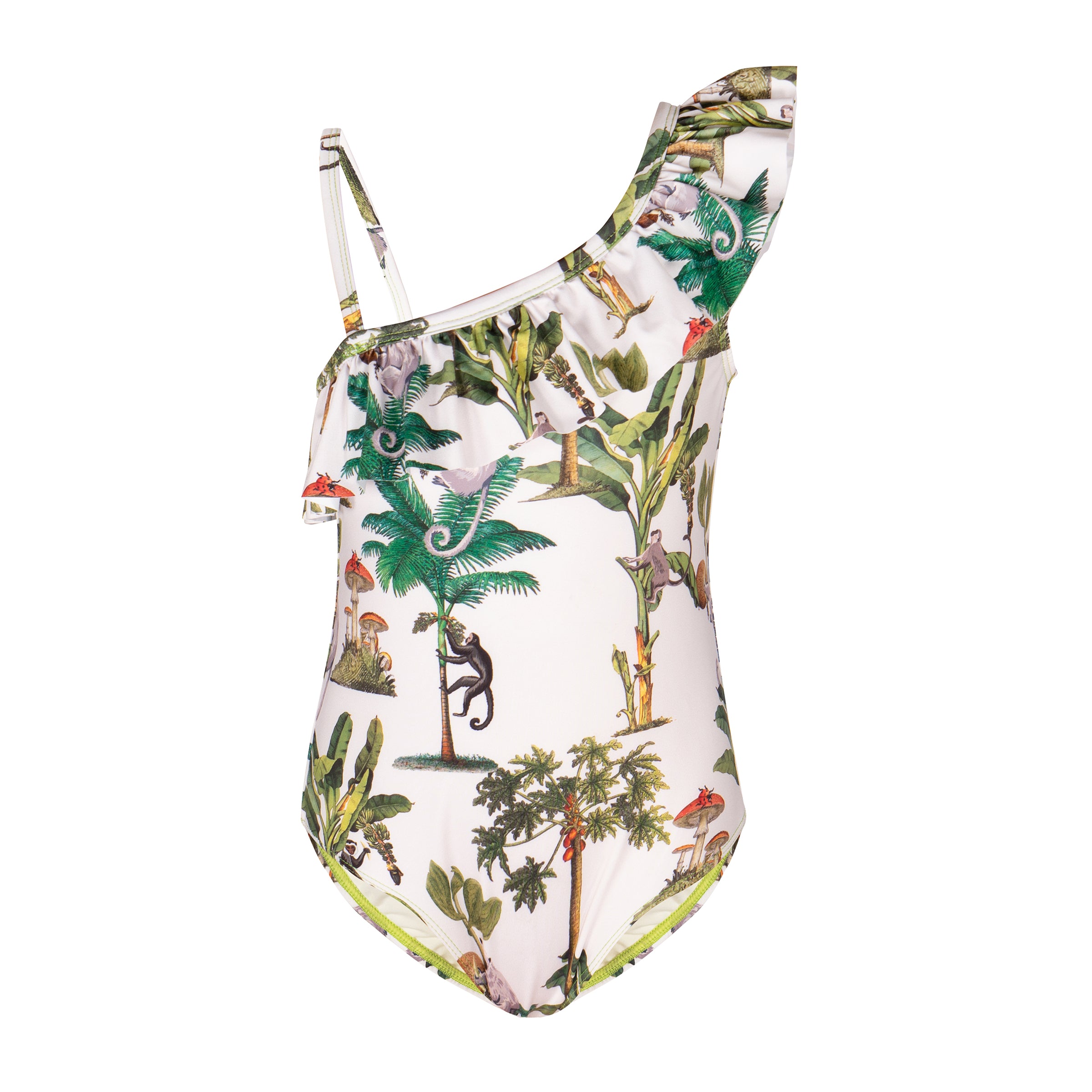 One Shoulder Ruffle Swimsuit Tropical Forest – Krio Color
