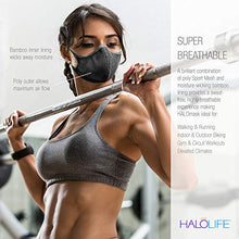 Load image into Gallery viewer, Halo Life Face Mask - Reusable/Washable with Replaceable Nanofiber Filter - Lightweight Ultra-Breathable, Specific Sizes, Adjustable to fit for Women/Men/Children- 200 Hour Filter Life - Black
