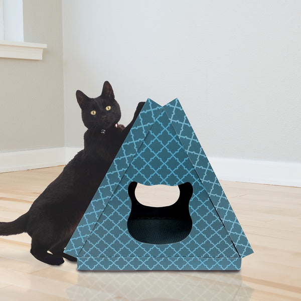 A black cat with a collar leaning up against a FurHaven Tiger Tent Corrugated Scratcher with Catnip