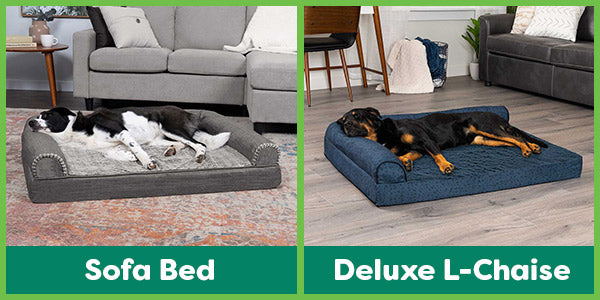 Two images side by side with a green border. Each image has a green bar below with the name of the bed. The image on the left is of a Sofa Bed with a dog laying on a gray Sofa Bed, the image on the right of a dog laying on a blue "almond print" 3-bolster Deluxe Chaise bed at FurHaven.