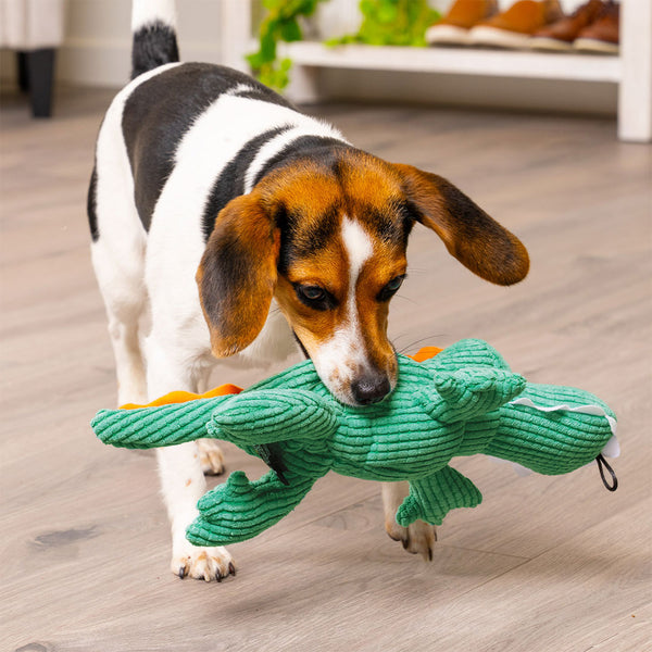 A white, black, and brown beagle dog carries a green alligator dog plush toy across a brown wooden floor at Furhaven Pet Products.