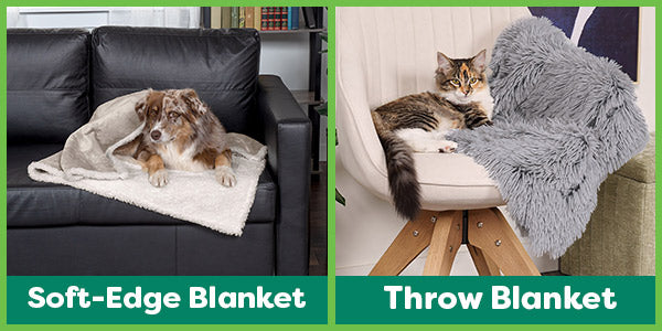 Two images side by side of a dog and a cat asleep in a waterproof FurHaven Pet Products Blanket.
