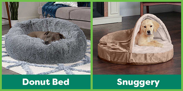 Two images side by side of dogs in beds with a green border. The left image is a gray donut dog bed with a gray dog in it. The right bed is a cream colored golden retriever puppy in a snuggery burrow pet bed.