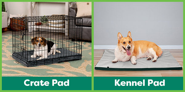 Two images side by side with a green border featuring our FurHaven Pet Products crate mats.