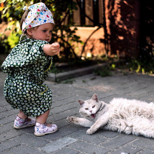 A small child squats near a yawning white and gray cat, from Furhaven Pet Products