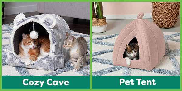 Two images side by side of cats asleep in FurHaven Pet Products Pet tents. One is gray and blue and the other is pink.