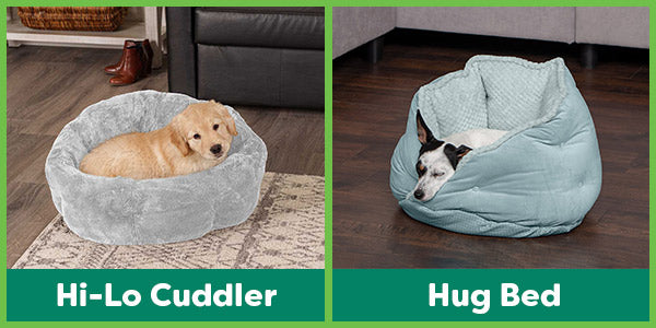Two dogs asleep in FurHaven pet beds. The right image is a cream colored golden retriever puppy in a gray hug bed. The right image is a black and white dog asleep in a blue cozy hug bed.