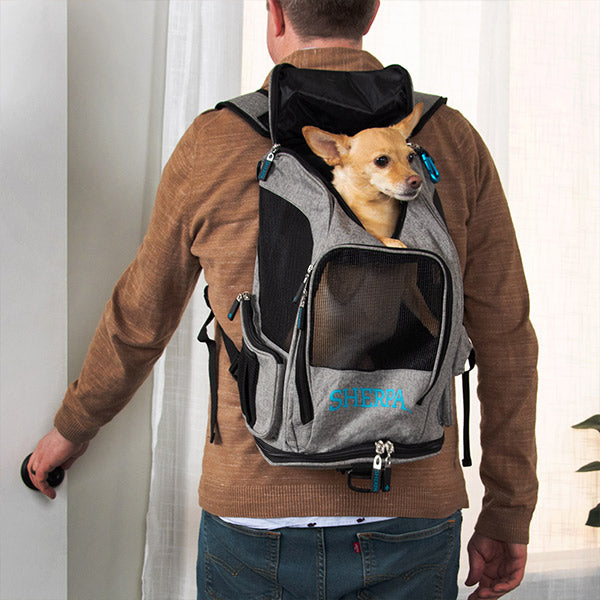 A human wearing a brown hoodie carrying their dog in a Sherpa Duffel Backpack