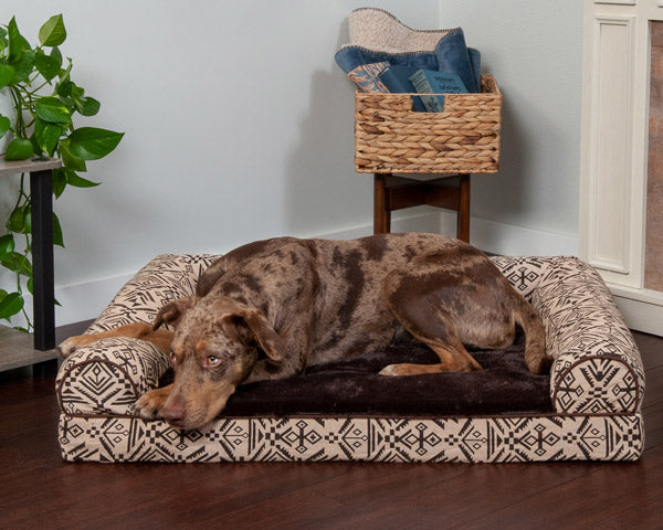 A brown dog lying on a brown patterned FurHaven Pet Products dog bed