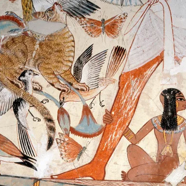 "DETAIL OF A PAINTING FROM THE TOMB OF NEBAMUN SHOWING HIM STANDING ON A REED BOAT HUNTING BIRDS. AT LEFT, HIS CAT HAS GRABBED THREE BIRDS." -History.com, from FurHaven Pet Products