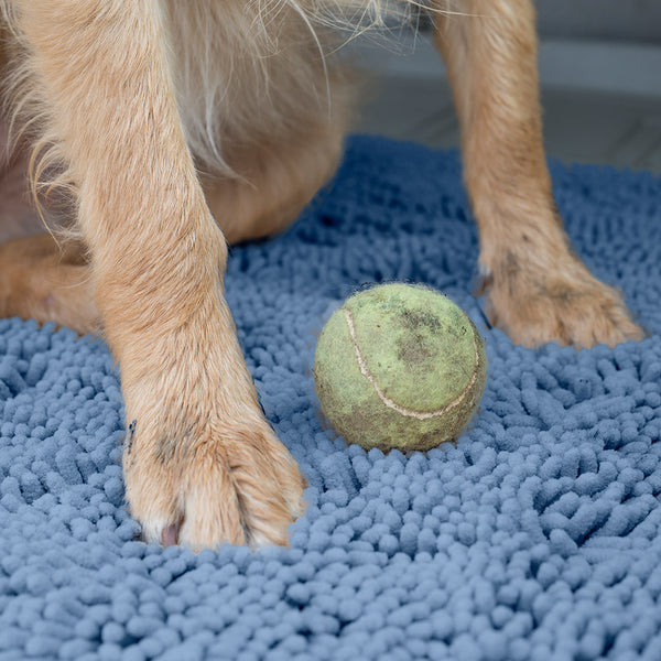 Two golden dog paws and a tennis ball rest on a blue, shaggy FurHaven Muddy Paws Towel