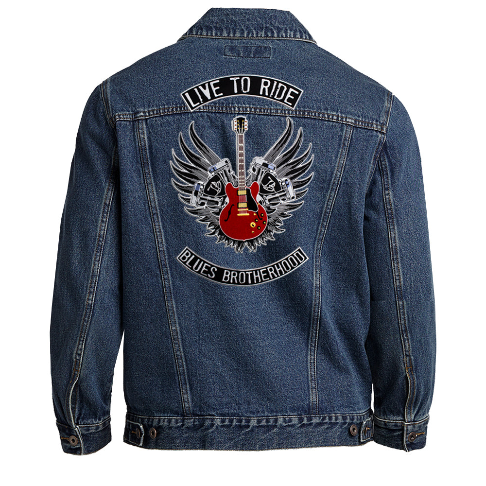 blue jean jacket with patches