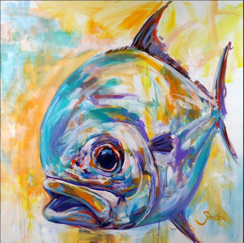 Permit Fish, Flyfishing art, original painting by Savlen 30x30" on gallery wrap canvas