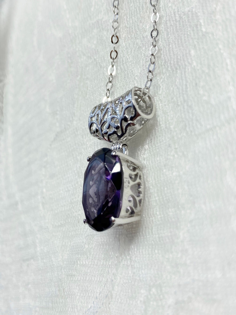 Purple Amethyst stone pendant with art deco sterling silver filigree a wide bail holds the swiveling oval stone, Silver Embrace Jewelry