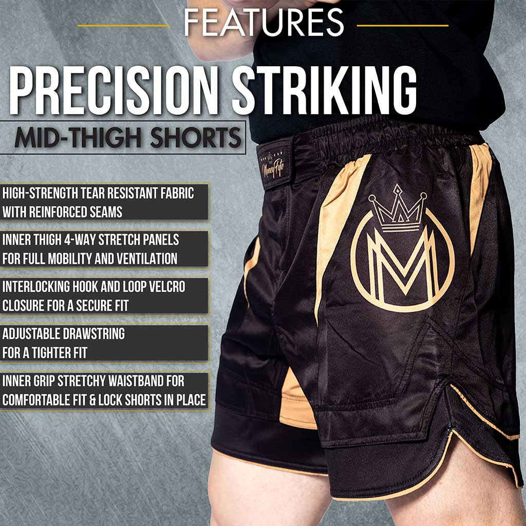 MoneyFyte Precision Striking Mid-Thigh Fight Shorts Features