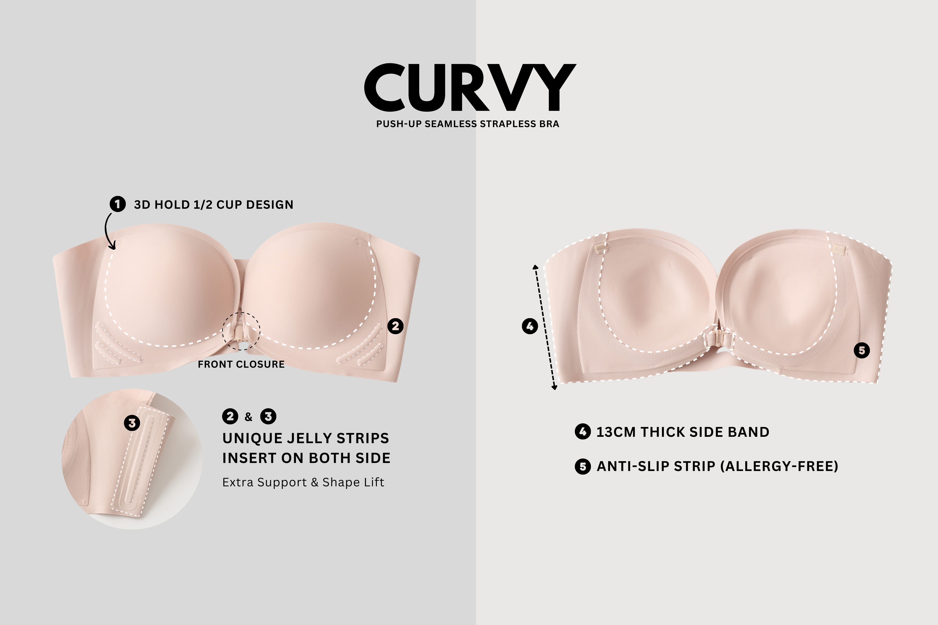 Curvy • Push-Up Seamless Strapless Bra (Front-Closure)