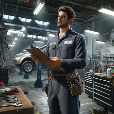 a man standing in a garage holding a checklist and about to do some inspection