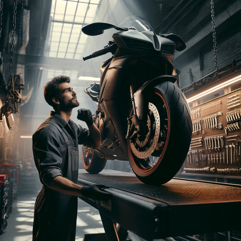 a man checking a motorcycle lift height