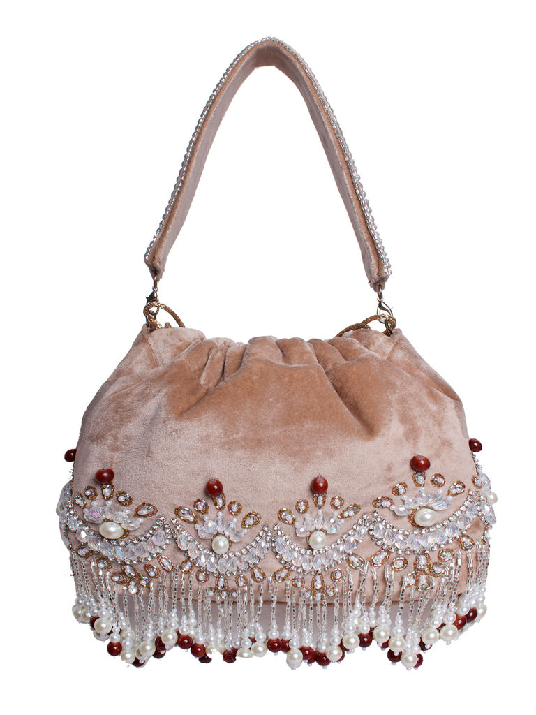 Beige Pearl Embroidered Potli Bag