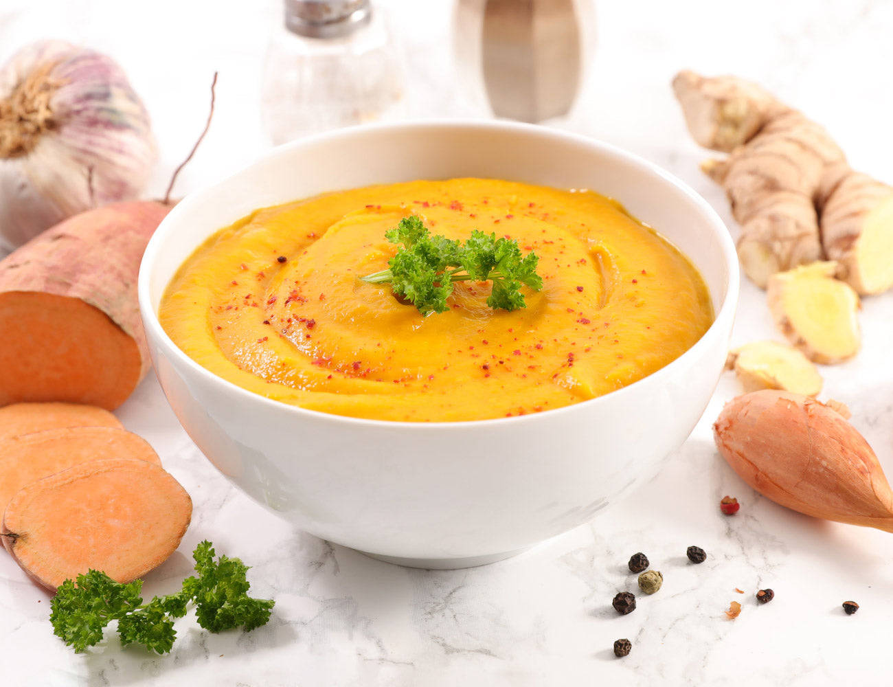 Carrot and Sweet Potato Soup with Ginger and Turmeric