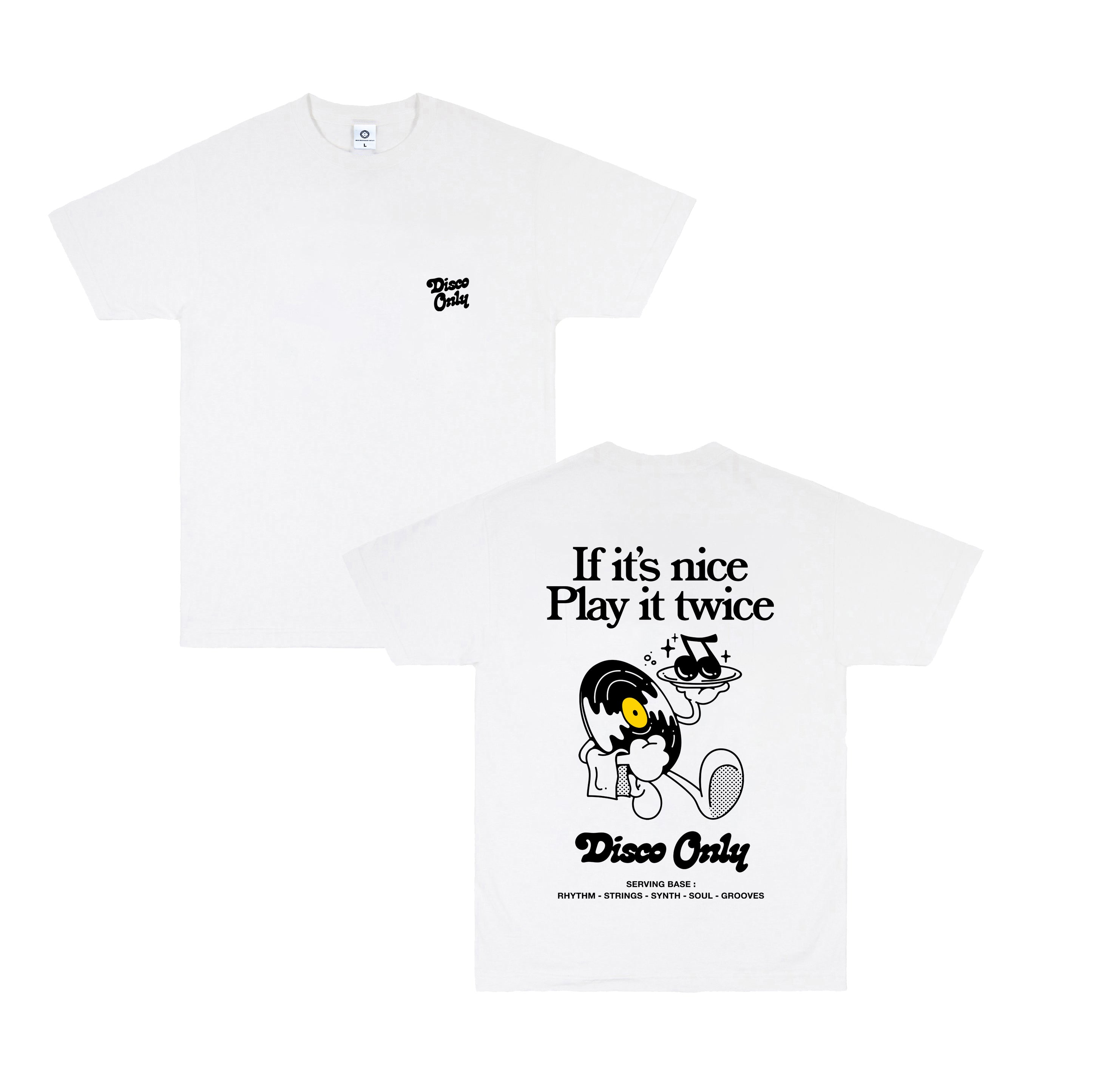 Image of DISCO ONLY 'Play it Twice V2' Tee - White B If it's nice Play it twice T3 
