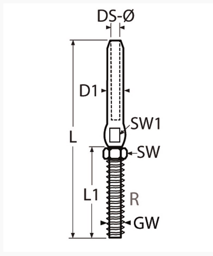 Marinetech 8307406/3 Studterminal met Moer Rechts M6x100 mm