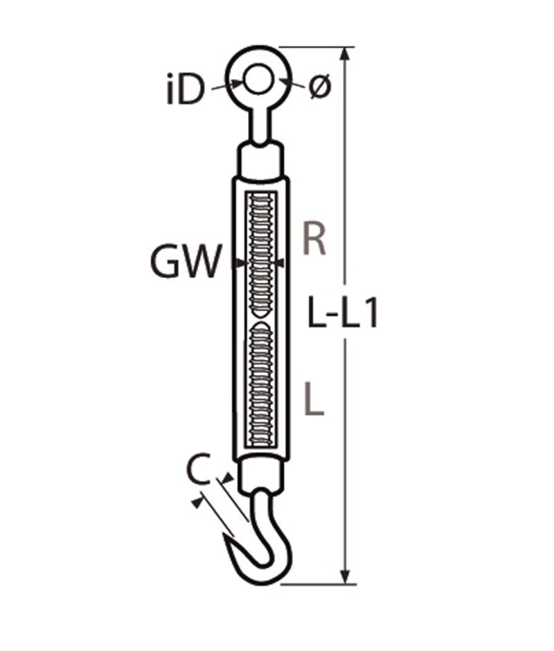 Marinetech Spanschroef M5 open Oog-Oog BL: 160 kg