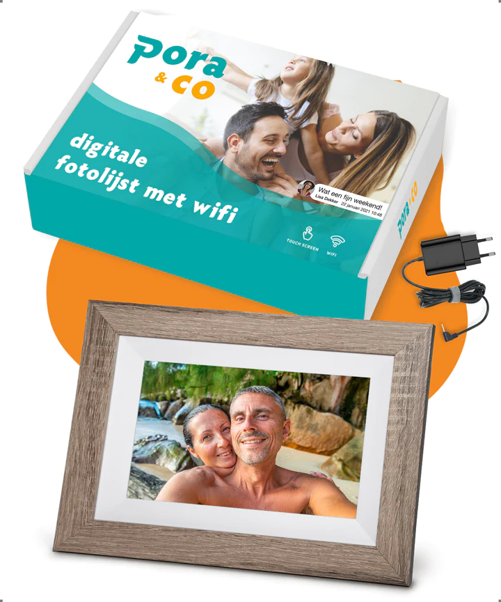 Digitale fotolijst met WiFi en Frameo App – Fotokader - 8 inch - Pora – HD+ -IPS Display – Bruin/Hout - Micro SD - Touchscreen