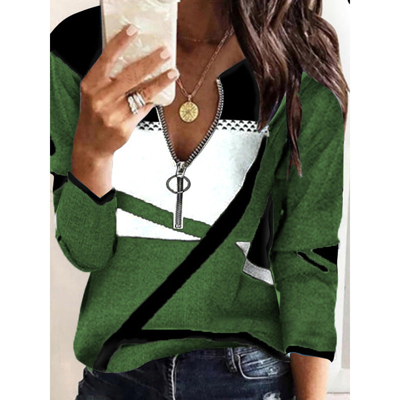 Ring Zipper V-Neck Color Patch Sweater