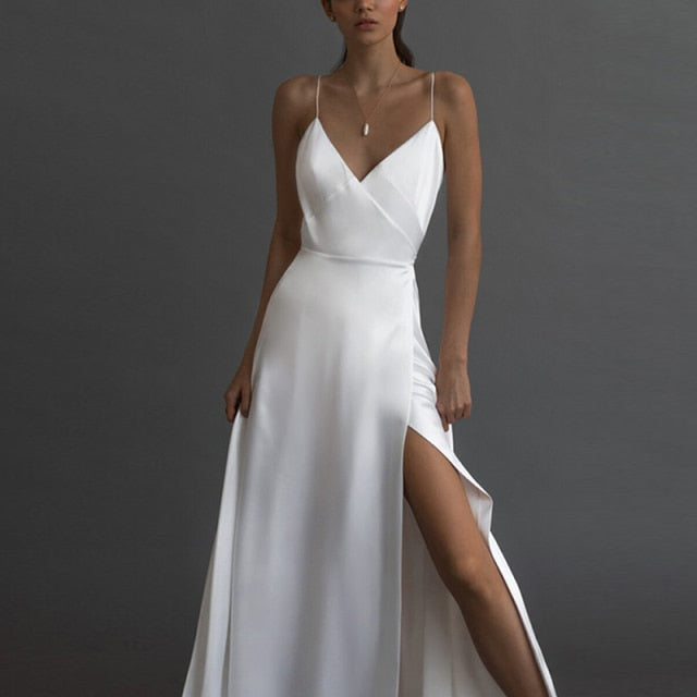 Long Split V-Neck Solid Maxi White Dress – Onassis Krown