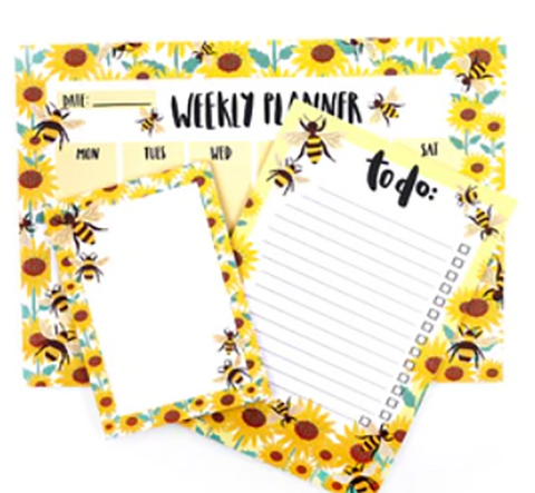 Sunshine Bindery stationery gift set - bumble bees and sunflowers on weekly planner pad, to do list and notepad.