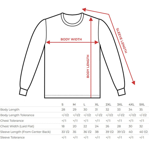 long sleeve tee shirt size chart