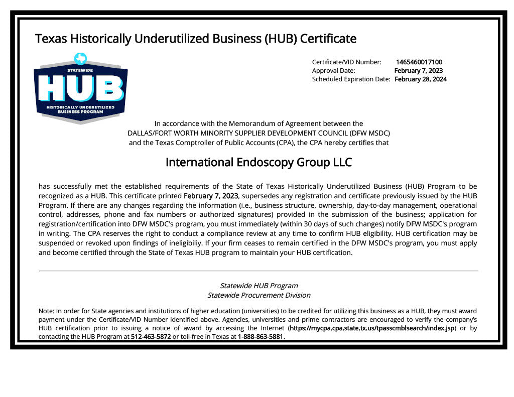 Texas Historically Underutilized Business (HUB) Certificate - International Endoscopy Group LLC - Endoscope Repair