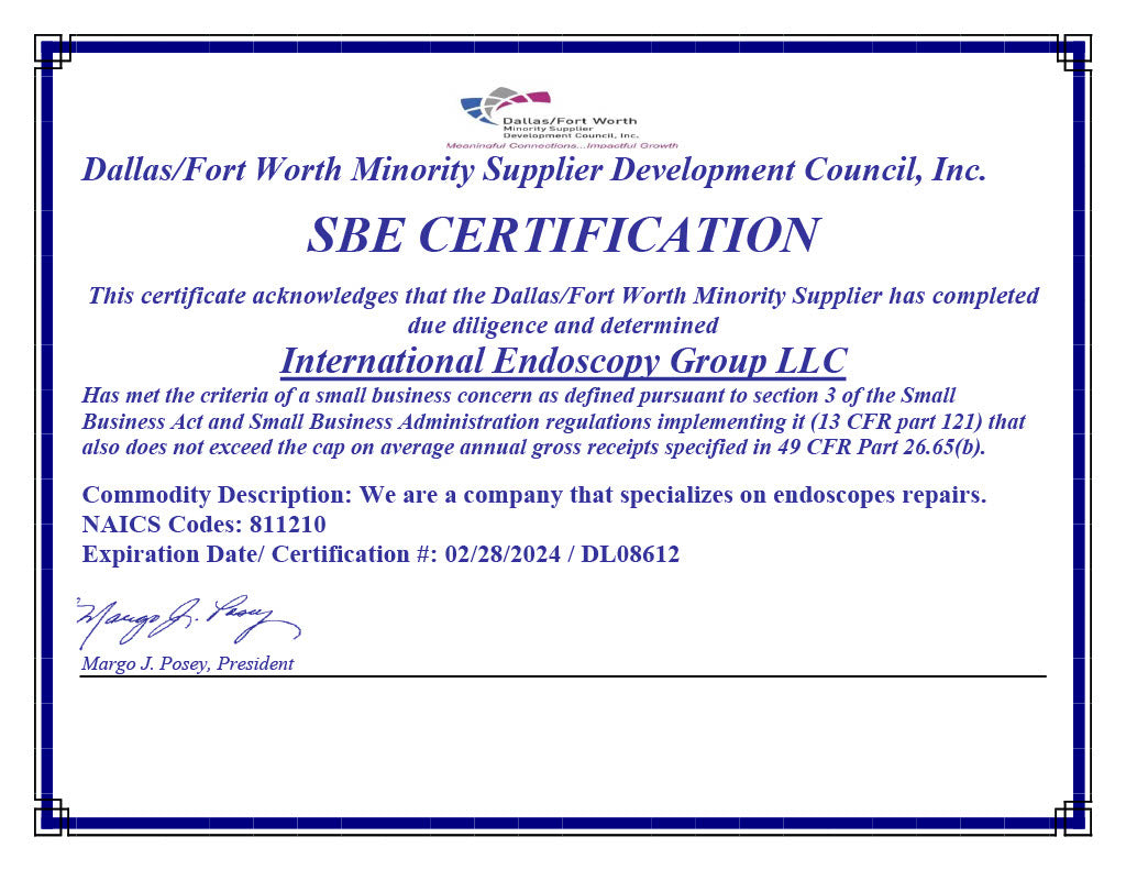 Small Business Enterprise (SBE) Certification - International Endoscopy Group LLC - Endoscope Repair