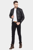 Justanned Black Mens Flap Pocket Leather Bomber Jacket