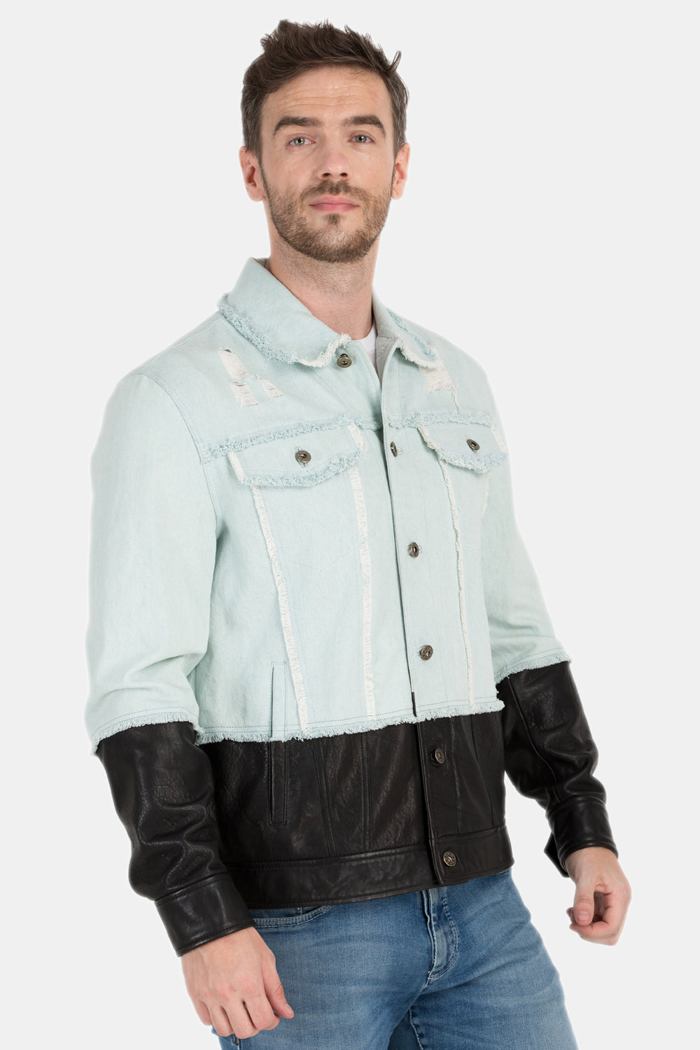 Justanned Distress Leather Denim Jacket