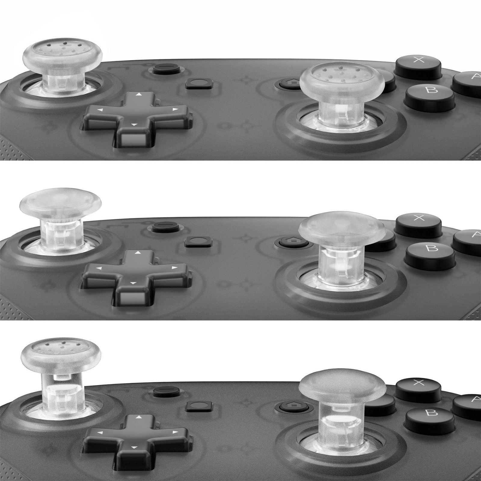 Clear ThumbsGear Interchangeable Ergonomic Thumbsticks for NS Pro Controller with 3 Height Domed and Concave Grips Adjustable Joystick-KRM523WS
