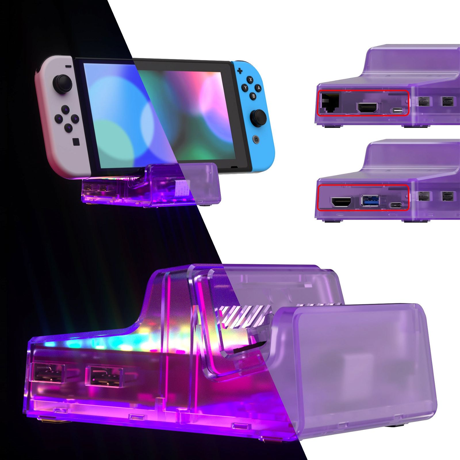 eXtremeRate LED Version Clear Atomic Purple AiryDocky DIY Kit Replacement Shell Case with IR Remote Control for Nintendo Switch & Switch OLED Dock- LLNSM004L