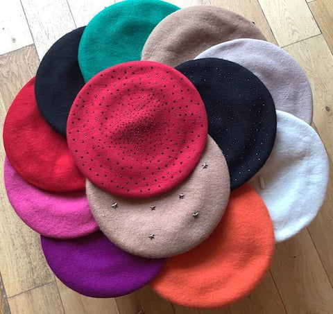 A selection of just 12 of our lovely berets, some plain, some with sequins or little star shape studs