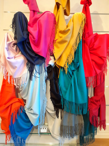 12 pashiminas in reds, pinks, blues, black, navy, grey and more. 30% cashmere and so cosy.