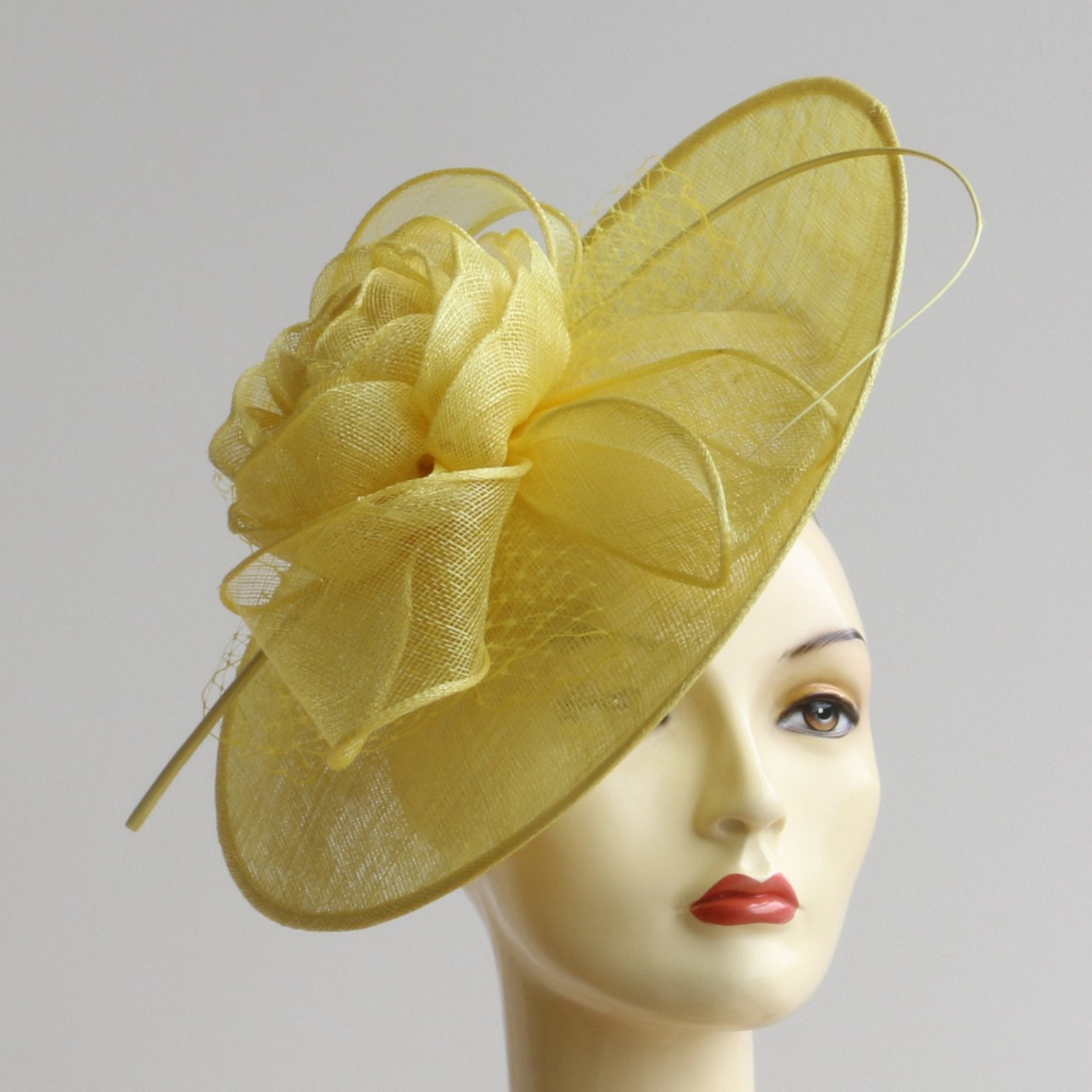 Yellow Disc on a band with Flower, Quill and Veiling – Ella Bulloch Hats