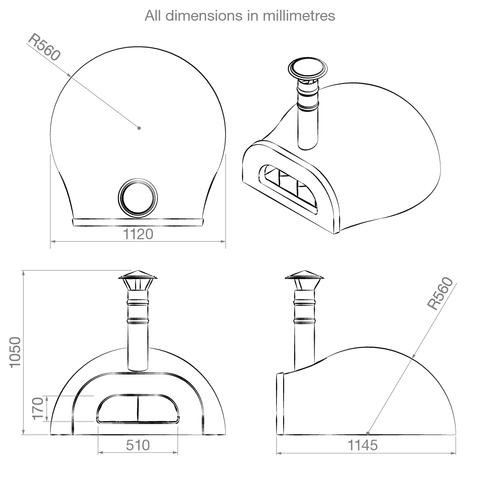 The dimensions for a Agnes Outdoors DIY pizza oven kit