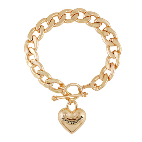 Juicy Couture Gold Chain Link Heart Toggle Bracelet J Charm 7.5” Jewelry EUC