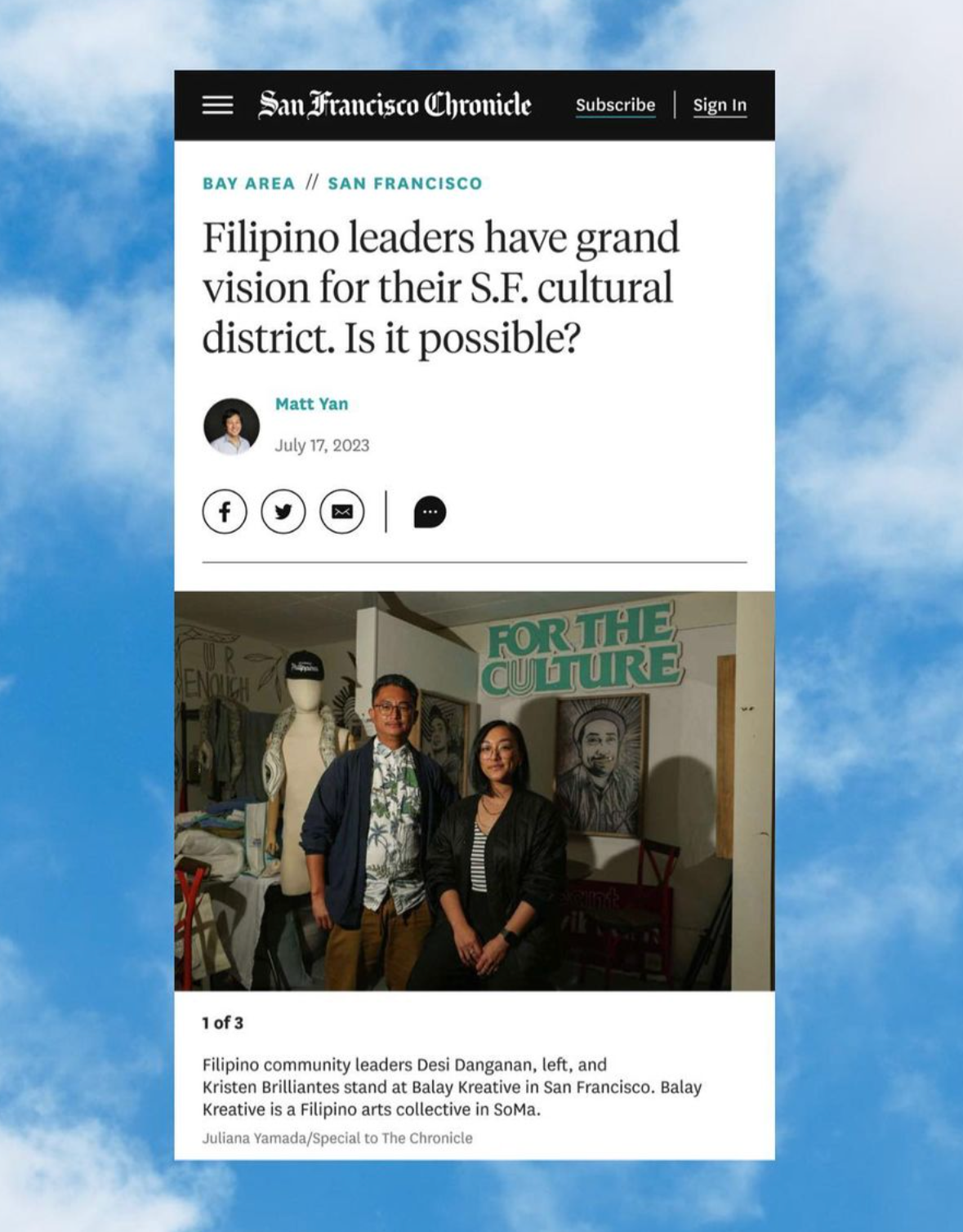 Screenshot of a SF Chronicle article covering the partnership between Kultivate Labs and Sarap Shop to revitalize San Francisco's downtown through their work building the SOMA Pilipinas Cultural District