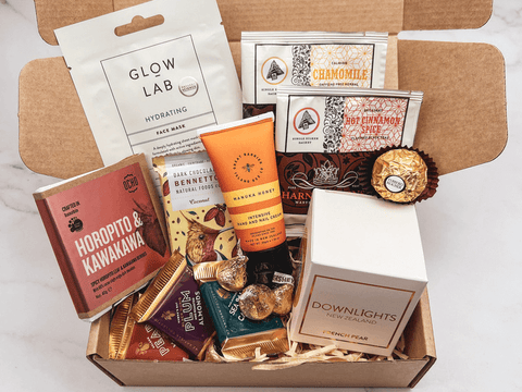 A gift box containing treats for self-care