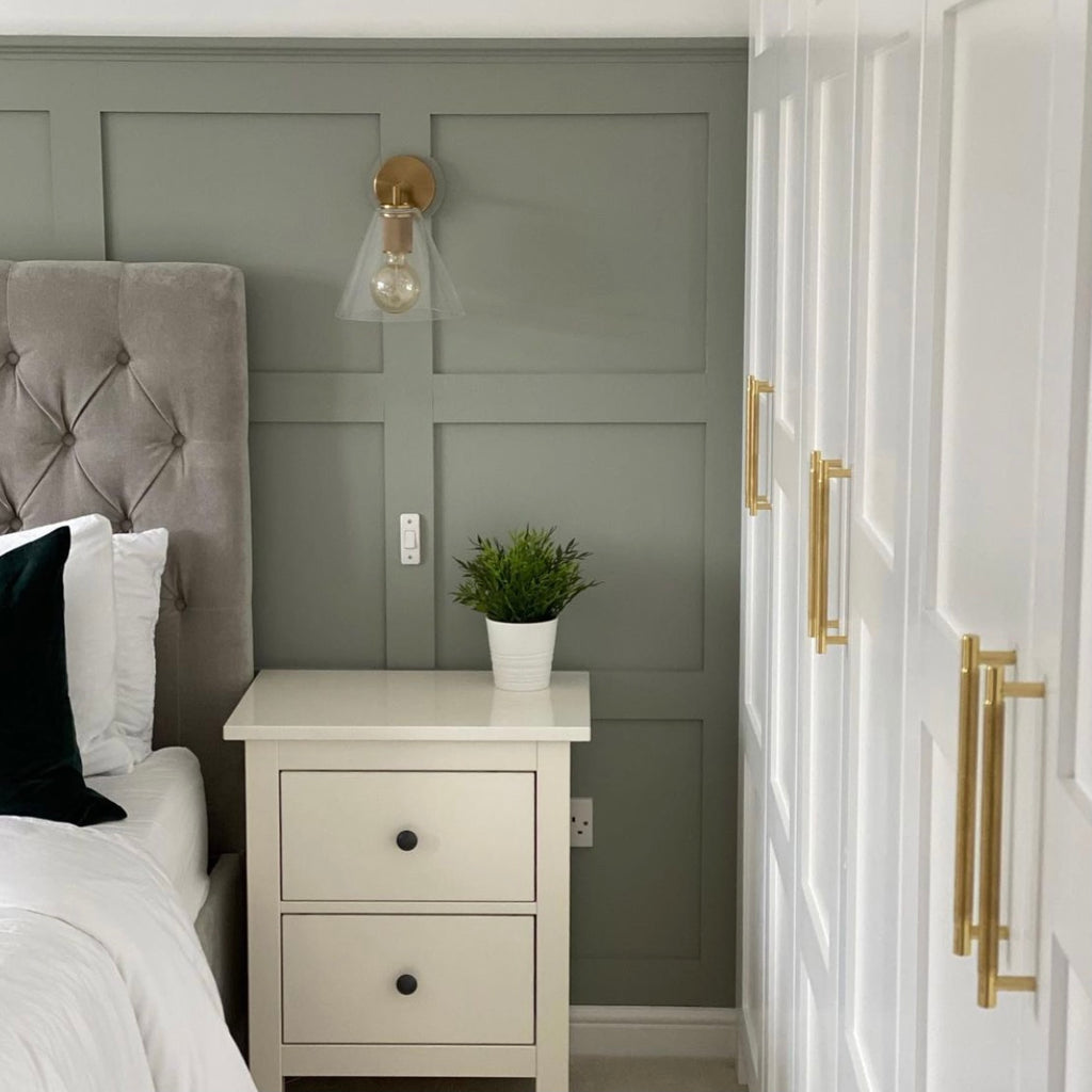 Sage green wall panelling in modern bedroom - Megan Heloise Blog How to Style Sage Green Interiors
