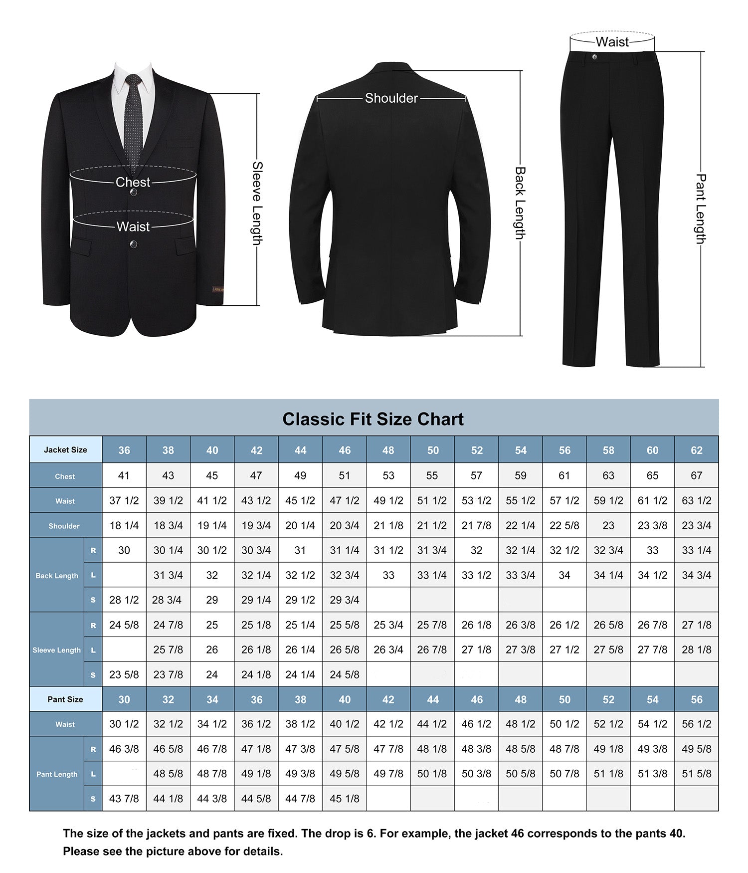 P&L Men's Suits 2-Piece Classic Fit 2 Button Office Dress Suit Size