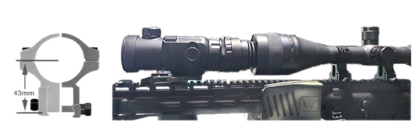 Bering Optics Super Yoter С Clip-On Attachment For Night Hunting Is Shown Installed On A Rifle Picatinny Rail In Front Of A Daytime Scope, And The Size Of The Daytime Scope Installation Rings Is Marked On A Ring Picture