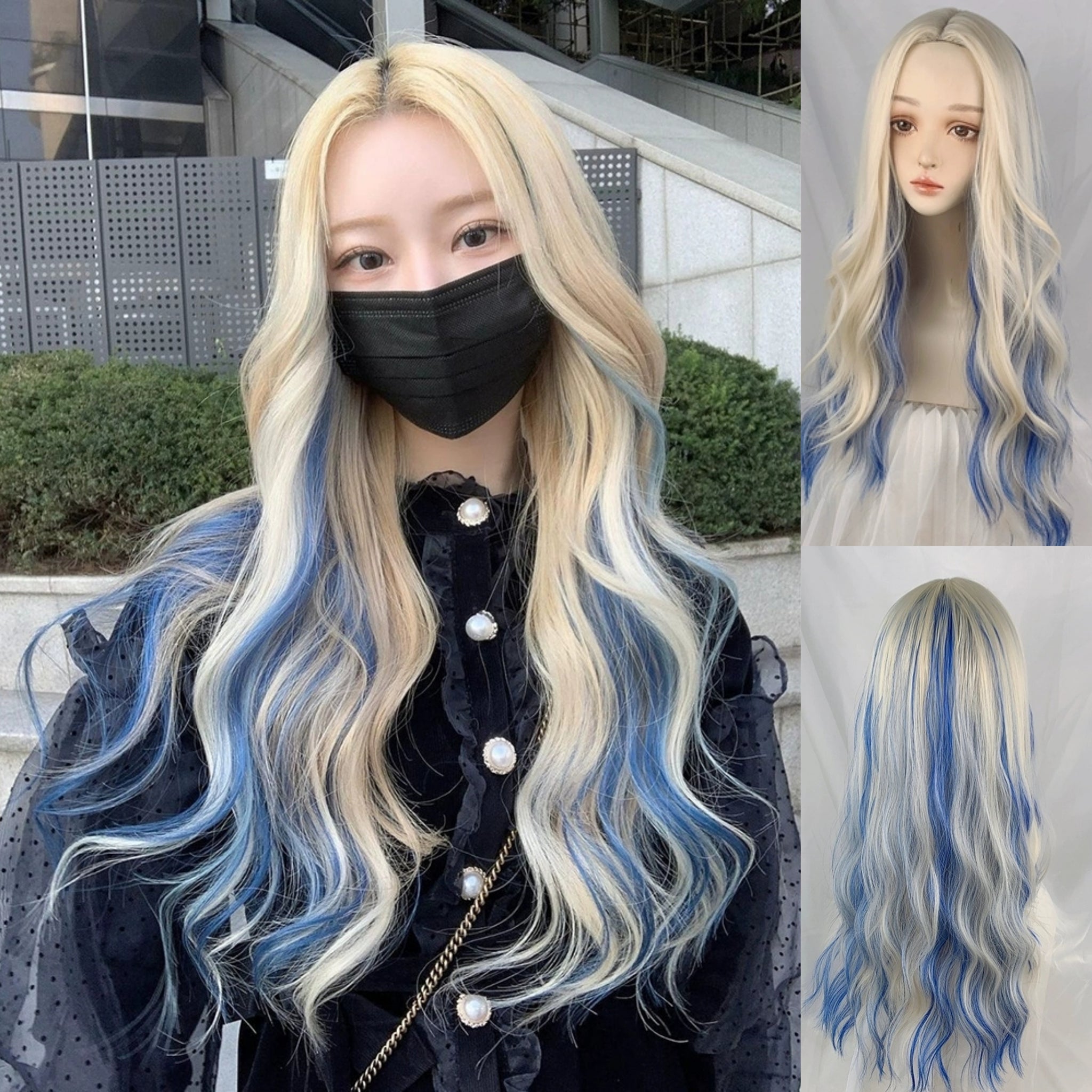 INSTOCK Korean Blonde Blue Highlights Curly/Wavy Long Hair Wig [Adjust –  Loveth Heartz