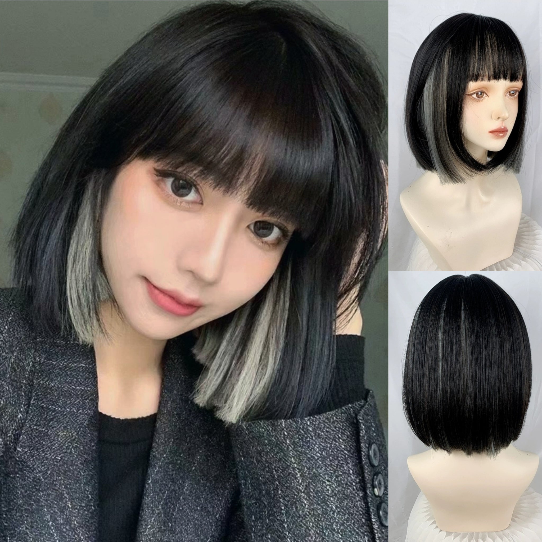 INSTOCK Korean Black Ash Grey Highlights Airy Bangs Short Bob Hair Wig –  Loveth Heartz